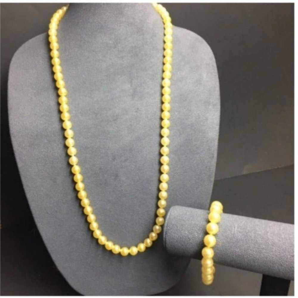 VTG Pop Bead Necklace Bracelets Yellow Beige Pearl Adjustable Retro